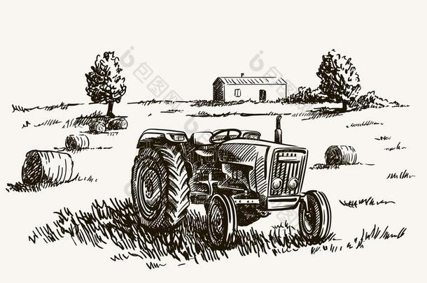 轮子农业的拖拉机.矢量草图