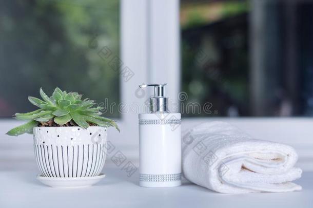 液体肥皂瓶子,白色的毛巾和绿色的植物采用<strong>浴室</strong>