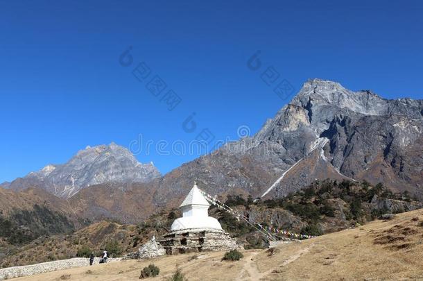 佛塔关于山背景采用尼泊尔采用指已提到的人夏在外部埃尔维阵风