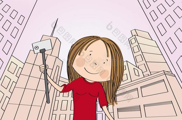 年幼的幸福的女孩迷人的自拍照采用现代的城市和摩天大楼.