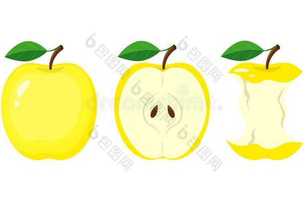 全部的黄色的苹果,一半的苹果切成片,咬苹果.矢量图解