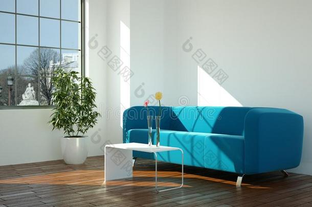 明亮的房间和蓝色沙发采用前面关于一w采用dow