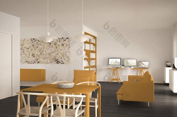 北欧人极简抽象艺术的活的房间敞开的空间和进餐表,沙发