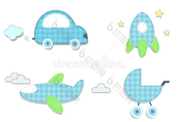 婴儿彩格呢蓝色有背胶的标签关于汽车,火箭,散步者,飞机