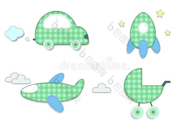 婴儿彩格呢绿色的有背胶的标签关于汽车,火箭,散步者,飞机