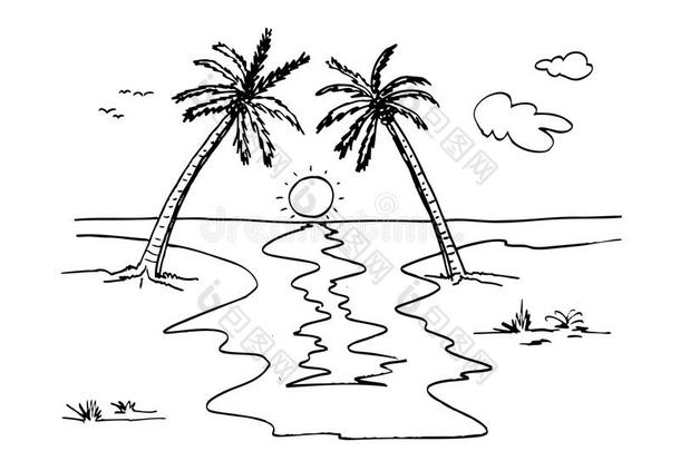 手绘画草图海滩和椰子树,太阳,云和草