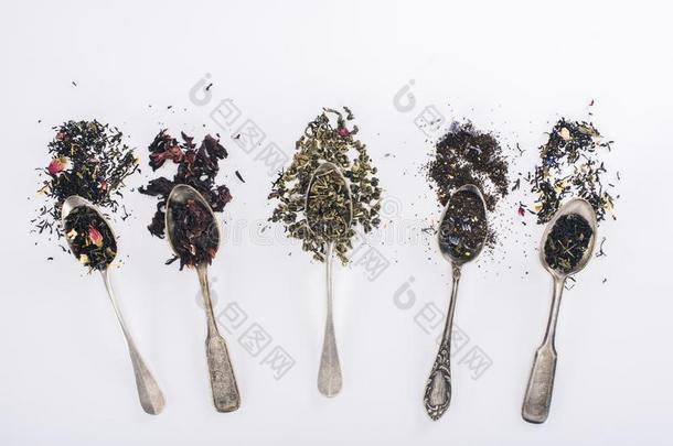 顶看法关于各式各样的芳香的有机的药草的茶水采用匙