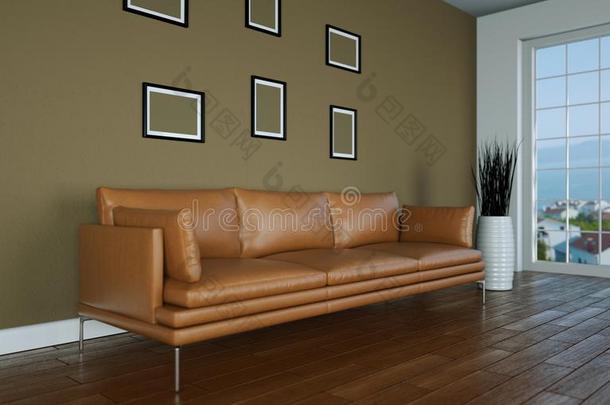 内部设计明亮的房间和棕色的<strong>皮沙发</strong>