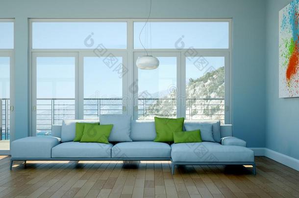 内部设计现代的明亮的房间和白色的沙发