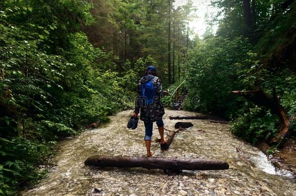 赤脚的女人背包步行密集的森林河旅行西帕