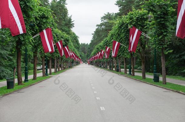 公园和拉脱维亚的旗和道路.