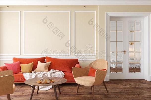 典型的米黄色内部活的房间和红色的沙发和扶手椅.