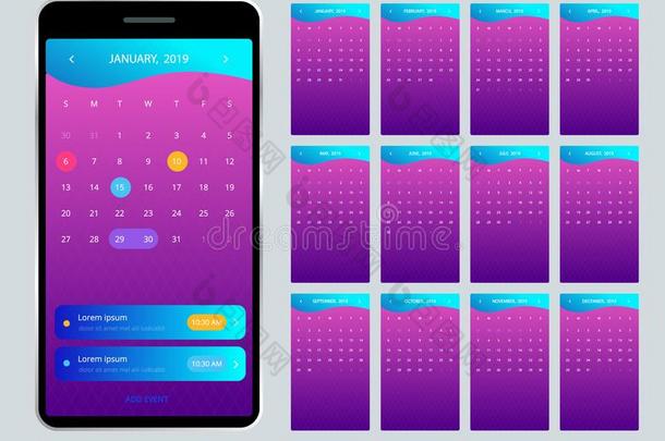 日历2019为电话.矢量日历为2019年.放置关于1