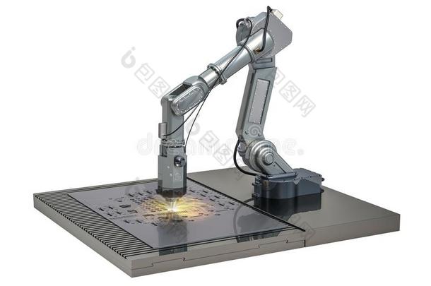 激光锋利的关于金属纸在旁边机器人的臂,3英语字母表中的第四个字母翻译