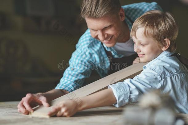 微笑的父亲和儿子和一bo一rd