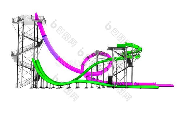 现代的两个紫色的和绿色的水幻灯片为一水上乐园向指已提到的人