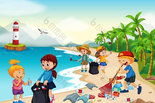 志愿者孩子们清洁海滩
