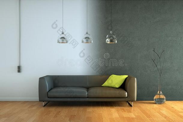 内部设计现代的明亮的房间和灰色的沙发