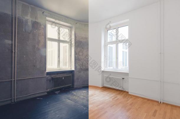翻新在之前和后的-翻新空的寓所房间