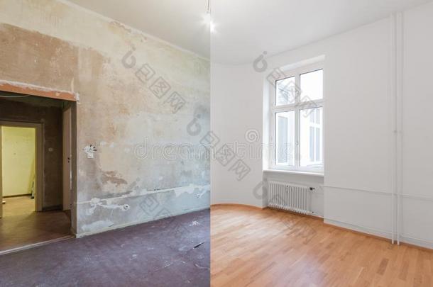 翻新在之前和后的-翻新空的寓所房间