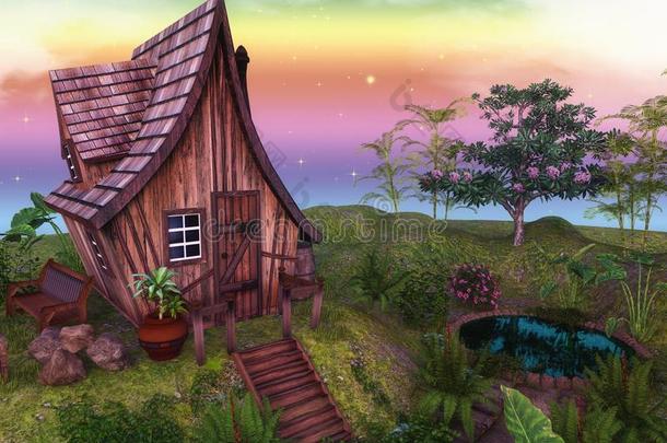童话式的富有色彩的<strong>房</strong>屋被环绕着的在旁边树和花.