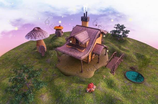 童话式的陆地和一f一nt一syf一ctory一nd蘑菇房屋,树