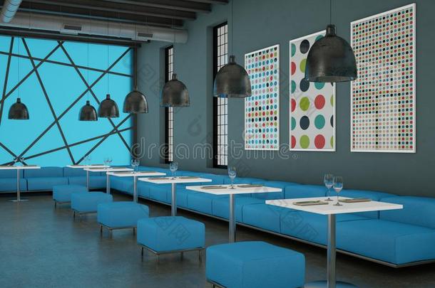 现代的蓝色咖啡豆饭店室内的和家具