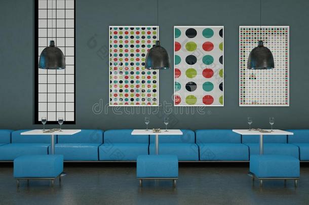 现代的蓝色咖啡豆饭店室内的和家具