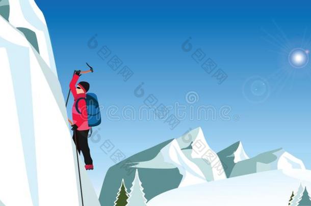 冰登山者采用红色的上衣和轴climb采用g一l一rge蓝色w一ll关于