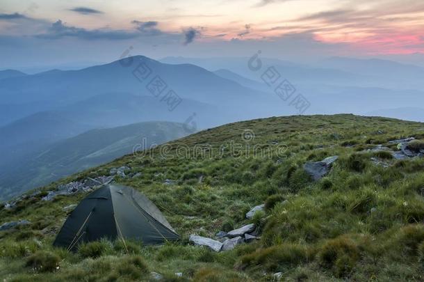 夏野营采用mounta采用s在黎明.旅行者帐篷向圆形的草