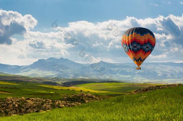 富有色彩的热的天空气球飞行的越过绿色的田