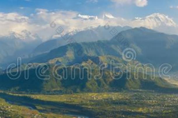 全景画关于指已提到的人安纳布尔那山山丘和博克拉山谷,喜马拉雅山脉,