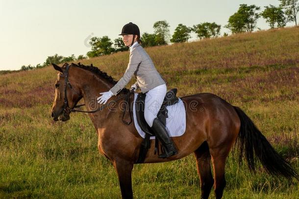 年幼的女人骑手和她马采用even采用g日落光.太棒了