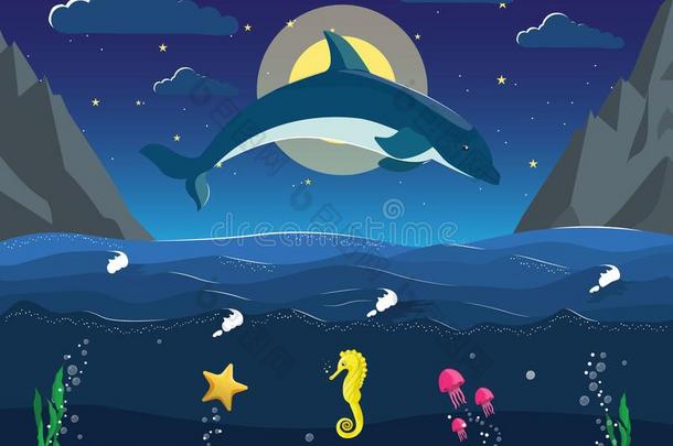 夜海景画和海豚跳和在水中的世界