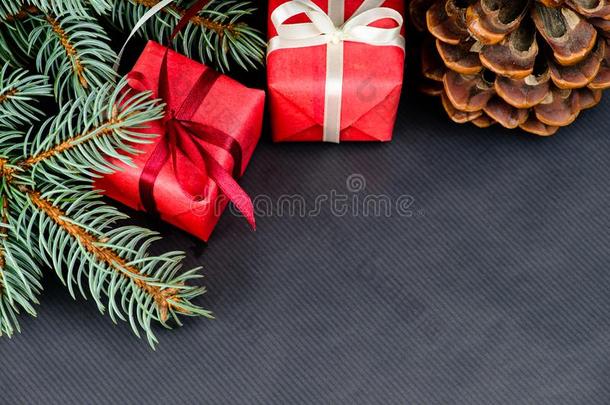 顶看法关于松树圆锥体,衣着整洁的树枝和礼物有包装的采用一红色的
