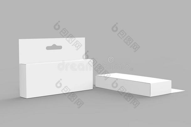 绞死白色的空白的卡纸板包装盒和悬挂帐单零售