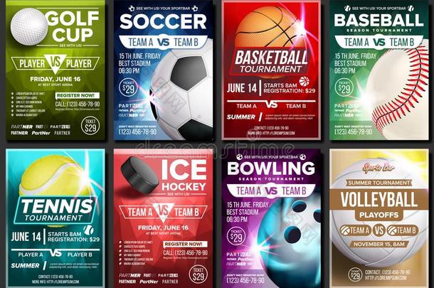 <strong>运动海报</strong>放置矢量.网球,篮球,足球,高尔夫球,巴塞尔协议