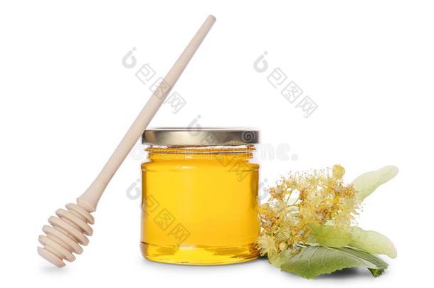 罐子关于菩提树蜂蜜,蜂蜜浸渍者和开花菩提树向白色的
