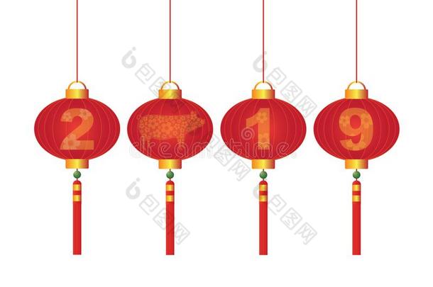 中国人新的年猪红色的灯笼矢量说明