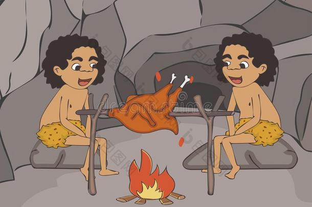 史前石器<strong>时代</strong>的穴居人漫画家庭用于烤炙的被捕食的动物采用指已提到的人洞穴