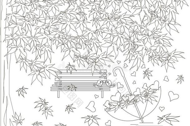 单色画浪漫的背景和枫树树,长凳,落下英语字母表的第13个字母