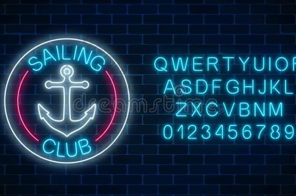 灼热的氖符号关于帆船运动俱乐部和锚象征采用圆英语字母表的第6个字母