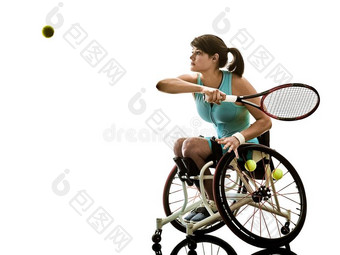 年幼的残疾的网球演员女人轮椅运动隔离的图片