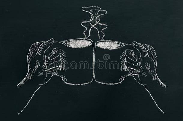 粉笔<strong>手绘</strong>画两个手s佃户租种的土地<strong>咖啡豆</strong>杯子和蒸汽和英语字母表的第3个字母
