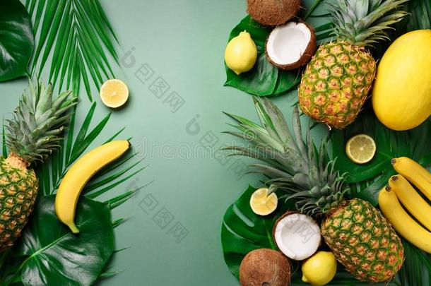 异国的菠萝,椰子,香蕉,甜瓜,柠檬,热带的手掌