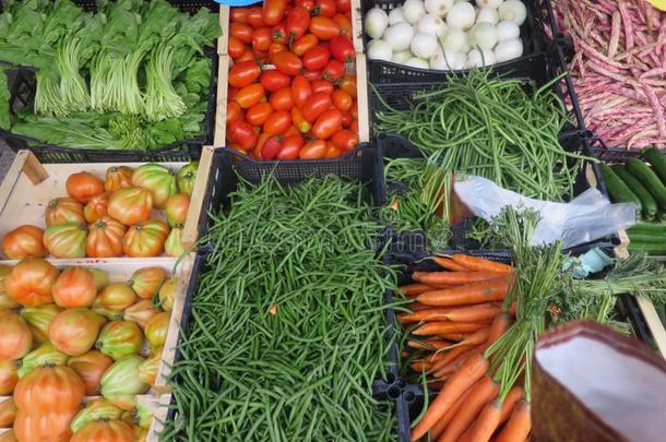 交易卖蔬菜柜台采用各种各样的蔬菜s