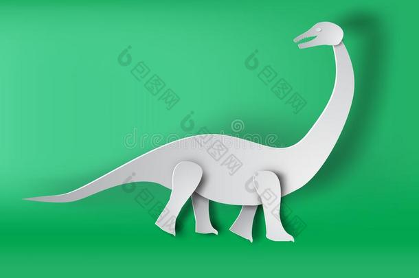 纸艺术关于长脖子大恐龙恐龙向绿色的背景矢量