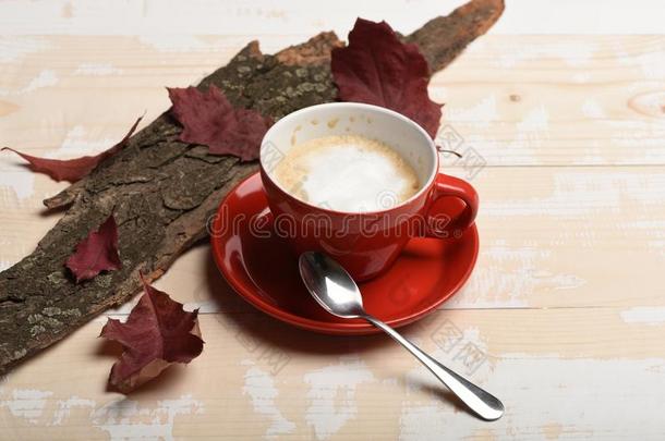 杯子热的卡普契诺咖啡咖啡豆向木制的表和秋树叶