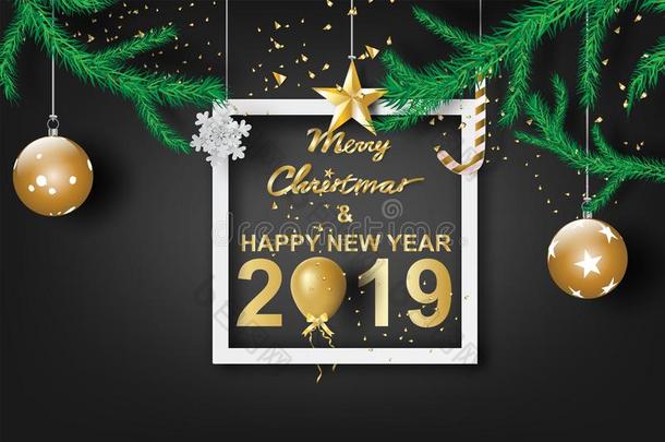 纸艺术关于愉快的圣诞节和幸福的新的年2019和黑的