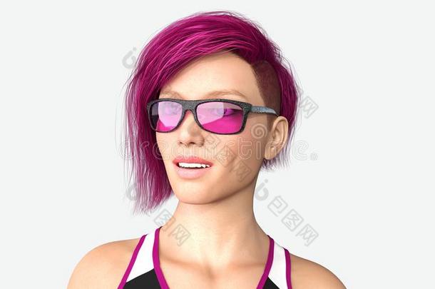 女孩和短的紫色的头发和太阳镜,拍摄头部肖像关于